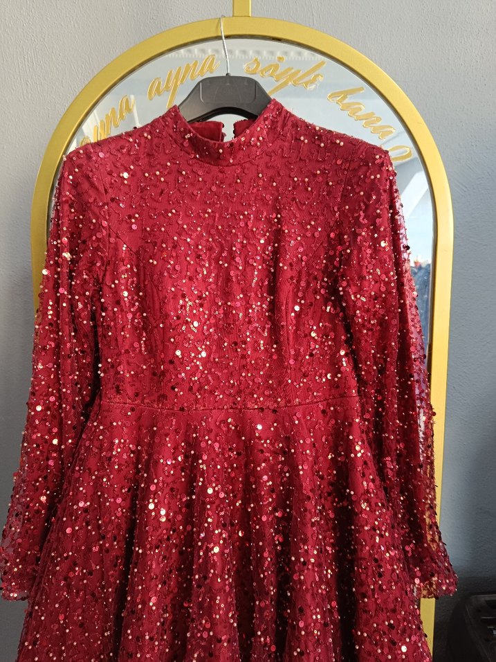 Bordo Uzun Kollu İşlemeli Abiye Elbise - Görsel 3