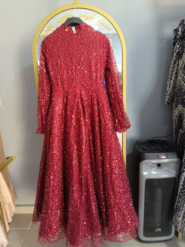 Bordo Uzun Kollu İşlemeli Abiye Elbise - Görsel 5