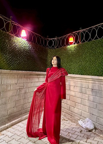 kırmızı zarif 40-42-44-46 Drapeli Abiye Elbise - Görsel 3