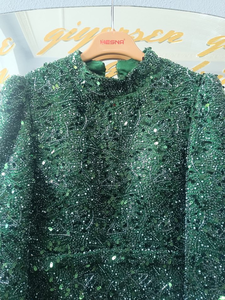 Yeşil Payetli Uzun Kollu Kadın Abiye Elbise - Görsel 3