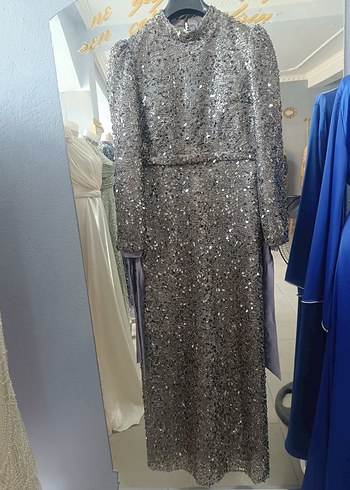 Gri Uzun Kollu Payetli Abiye Elbise - Görsel 7