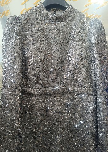 Gri Uzun Kollu Payetli Abiye Elbise - Görsel 5