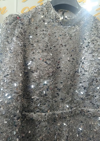 Gri Uzun Kollu Payetli Abiye Elbise - Görsel 6