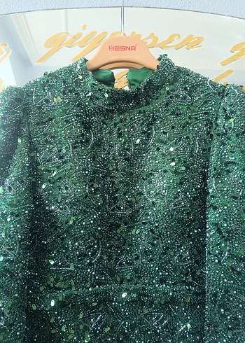 Yeşil Payetli Uzun Kollu Abiye Elbise - Görsel 4