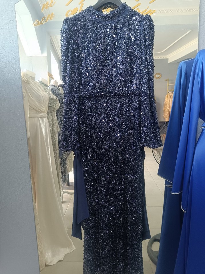 Lacivert Uzun Kollu Drapeli Abiye Elbise - Görsel 3