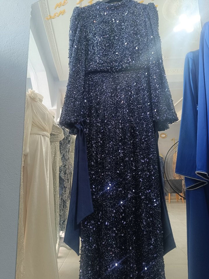 Lacivert Uzun Kollu Drapeli Abiye Elbise - Görsel 5