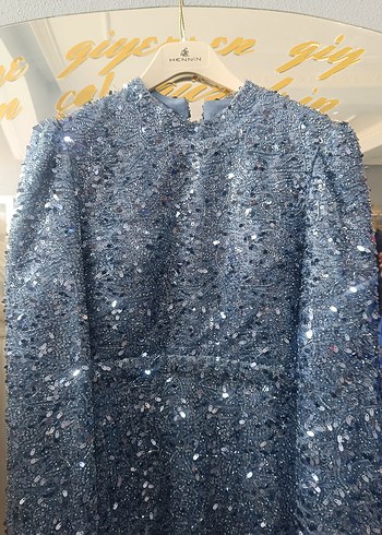 Uzun Kollu Drapeli Mavi Abiye Elbise - Görsel 4