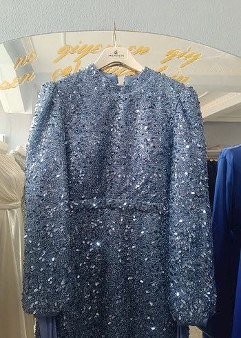 Uzun Kollu Drapeli Mavi Abiye Elbise - Görsel 2