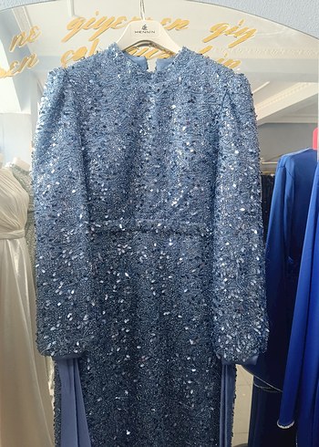 Uzun Kollu Drapeli Mavi Abiye Elbise - Görsel 3