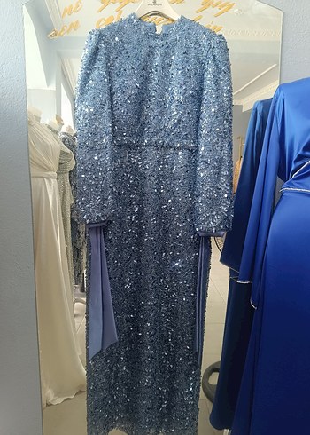 Uzun Kollu Drapeli Mavi Abiye Elbise - Görsel 5