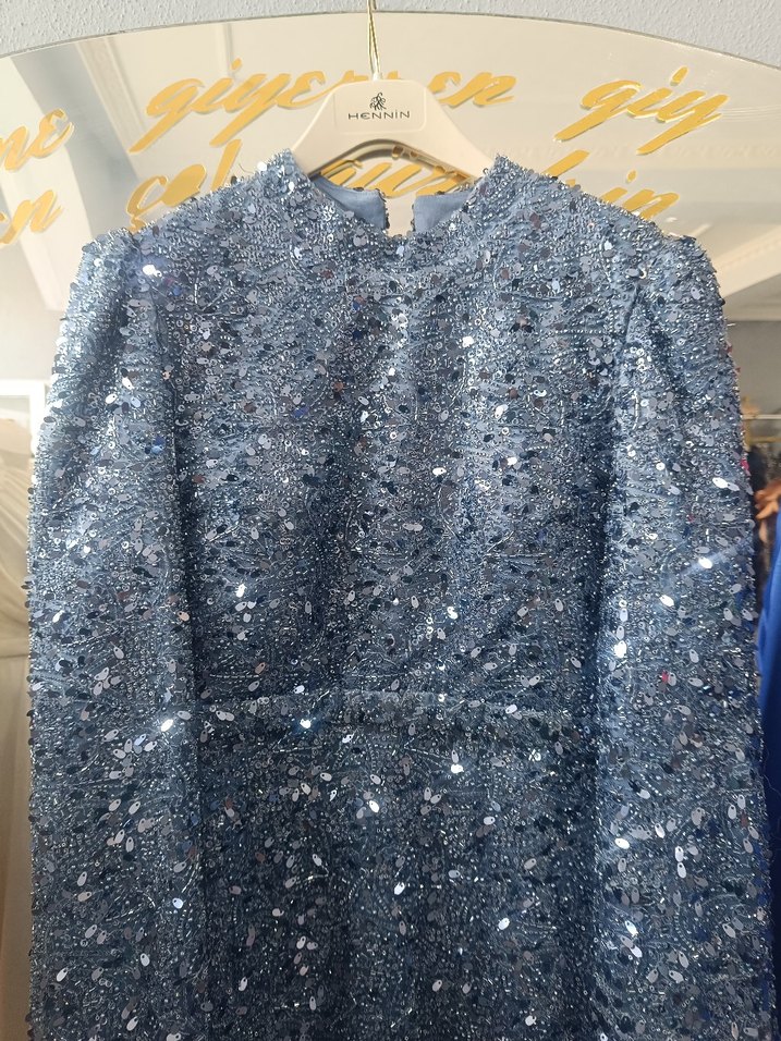 Uzun Kollu Drapeli Mavi Abiye Elbise - Görsel 4