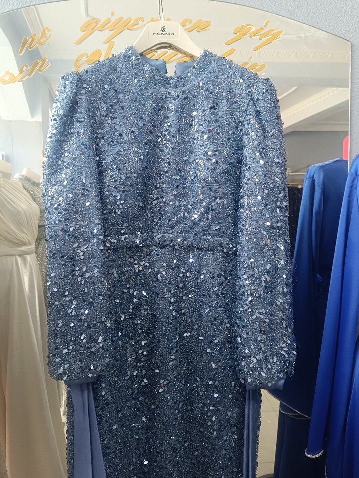 Uzun Kollu Drapeli Mavi Abiye Elbise - Görsel 3