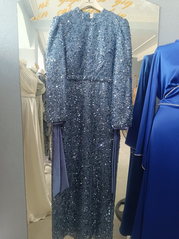 Uzun Kollu Drapeli Mavi Abiye Elbise - Görsel 5