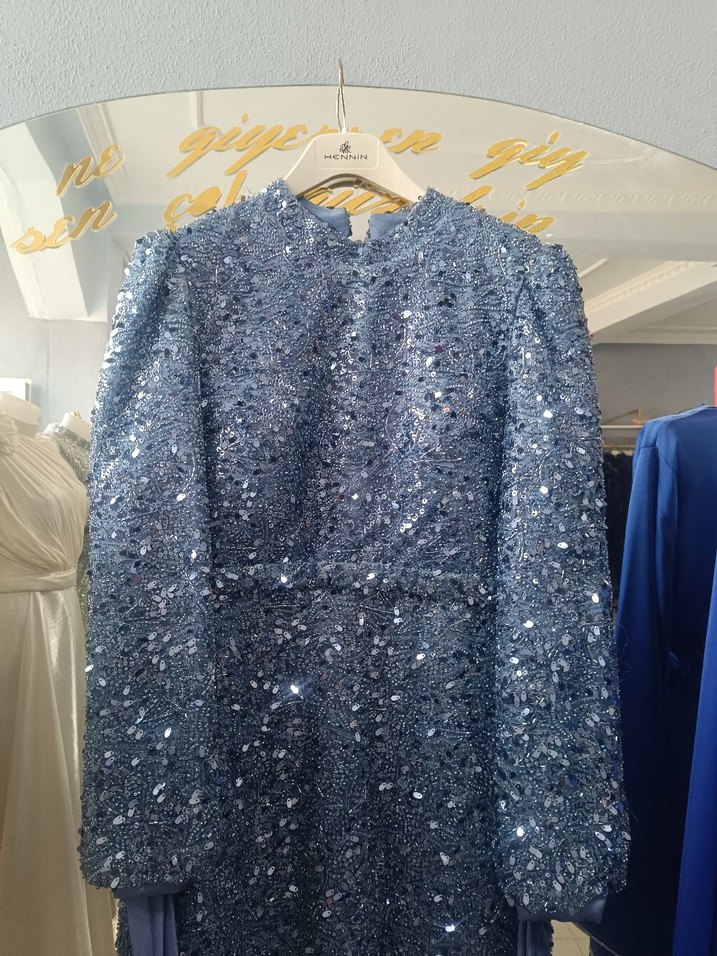 Drapeli Uzun Kollu Mavi Kadın Abiye Elbise - Görsel 2