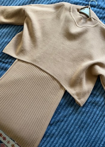 Bej Uzun Triko Elbise - Görsel 2