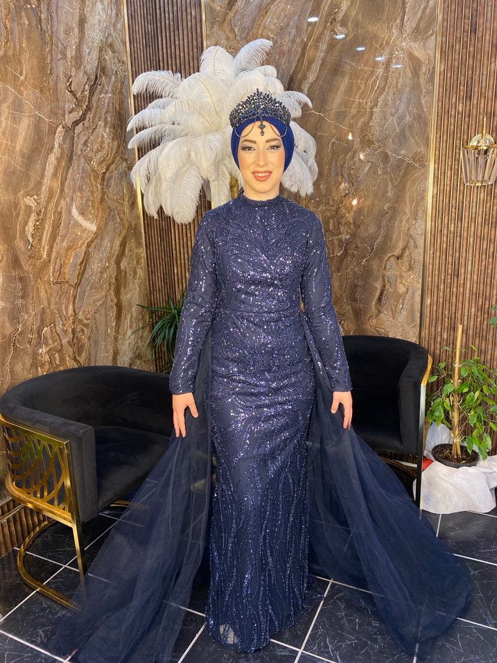 Lacivert Yılan Desenli Uzun Abiye Elbise - Görsel 3