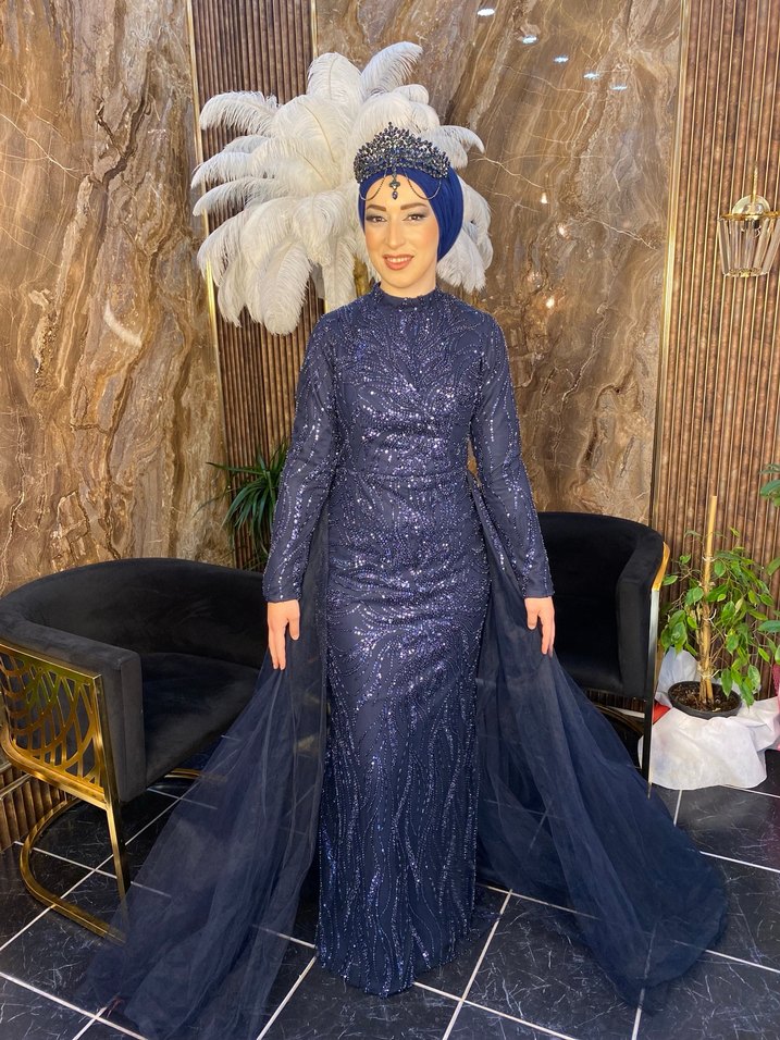 Lacivert Yılan Desenli Uzun Abiye Elbise - Görsel 2