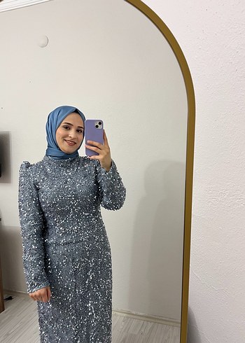 Abiye Gri Uzun Kollu Drapeli Abiye Elbise