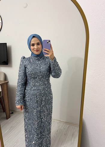 Gri Uzun Kollu Drapeli Abiye Elbise