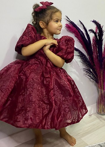 Bordo Nakışlı Bohem Çocuk Abiye Elbise - Görsel 2