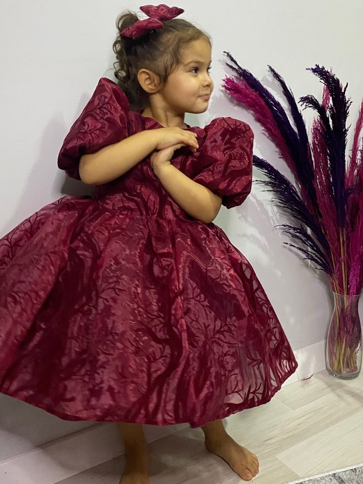 Bordo Nakışlı Bohem Çocuk Abiye Elbise - Görsel 2