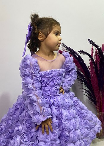 Mor Çiçek Desenli Uzun Kollu Kız Elbisesi - Görsel 4