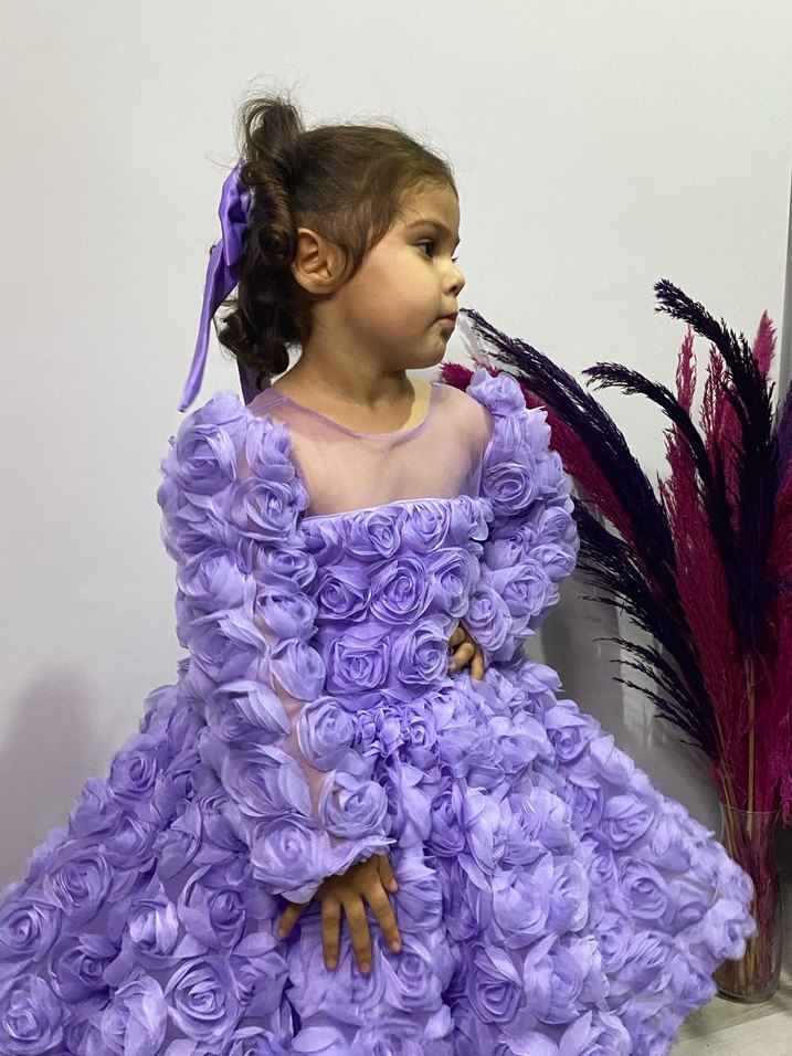 Mor Çiçek Desenli Uzun Kollu Kız Elbisesi - Görsel 4