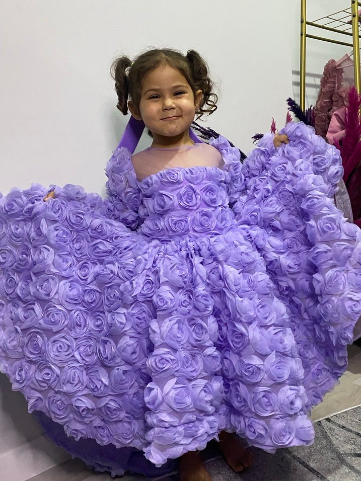 Mor Çiçek Desenli Uzun Kollu Kız Elbisesi - Görsel 2