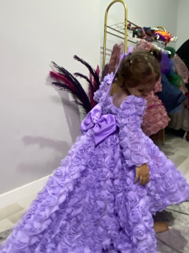 Mor Çiçek Desenli Uzun Kollu Kız Elbisesi - Görsel 3