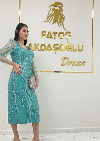 Turkuaz Payetli Uzun Kollu Açık Abiye - Görsel 4