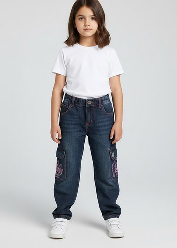 Kız Çocuk Renkli Batik Desenli Lacivert Kot Pantolon - Görsel 2