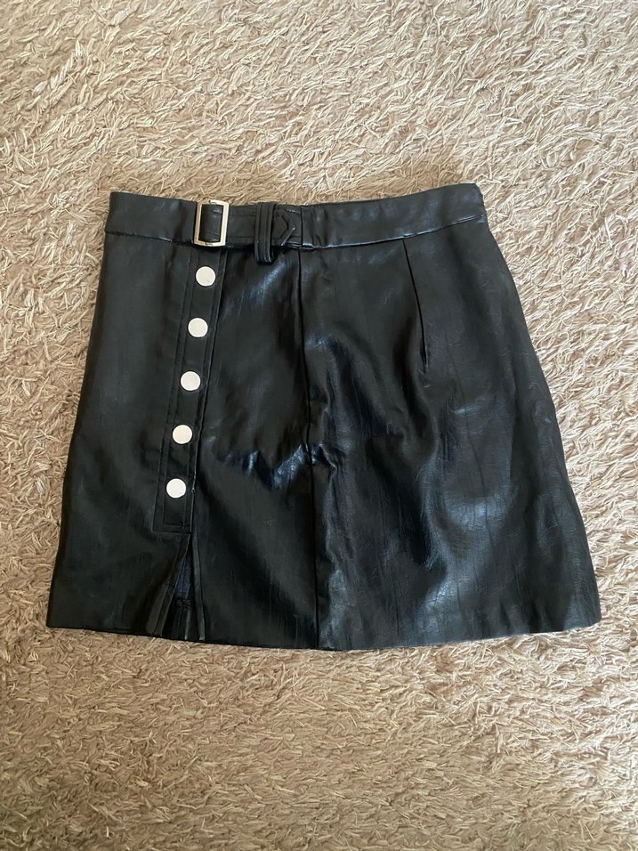 Bershka Siyah Suni Deri Yırtmaçlı Etek - Görsel 2