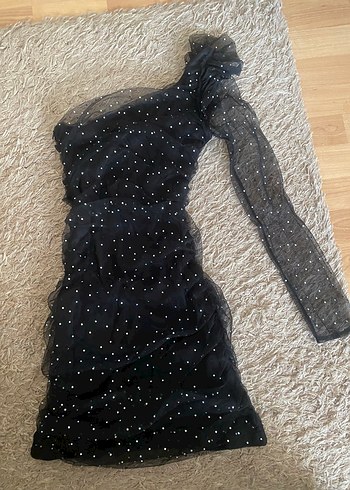 Zara Viral Taşlı Siyah Tek Omuz Elbise - Görsel 5