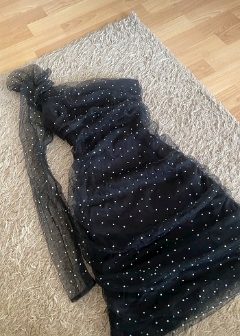 Zara Viral Taşlı Siyah Tek Omuz Elbise - Görsel 3