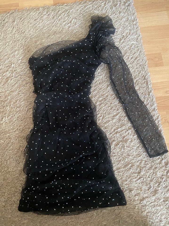 Zara Viral Taşlı Siyah Tek Omuz Elbise - Görsel 5