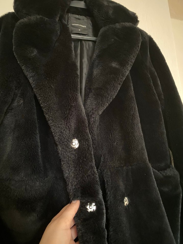 Siyah Midi Suni Kürk Kaban - Görsel 5