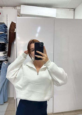 Diğer Beyaz Yarım Fermuarlı Yüksek Yakalı Sweatshirt