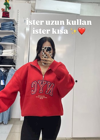 l Beden Kırmızı Yarım Fermuarlı NYC Sweatshirt