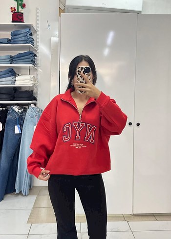 Kırmızı Yarım Fermuarlı NYC Sweatshirt