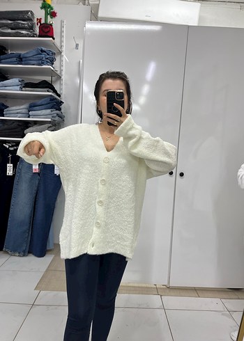 universal Beden beyaz Renk Beyaz Örgü V Yaka Salaş Hırka