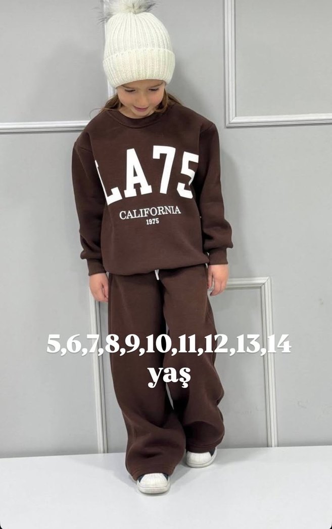 Kız Çocuk Kahverengi Baskılı Sweatshirt ve Eşofman Takımı - Görsel 2