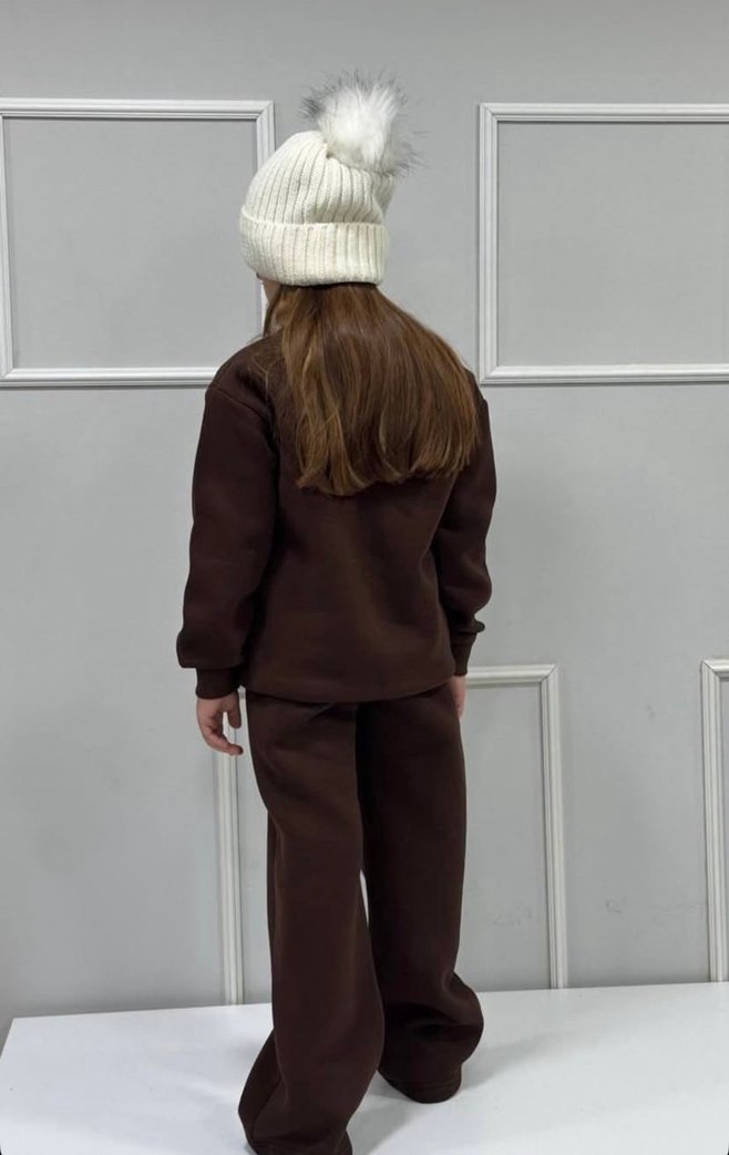 Kız Çocuk Kahverengi Baskılı Sweatshirt ve Eşofman Takımı - Görsel 3