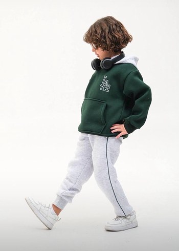 Kapüşonlu unisex Yeşil Sweatshirt ve Gri Eşofman Altı - Görsel 3