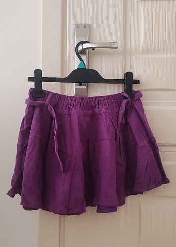 Mor Pliseli Keten Mini Etek - Görsel 2