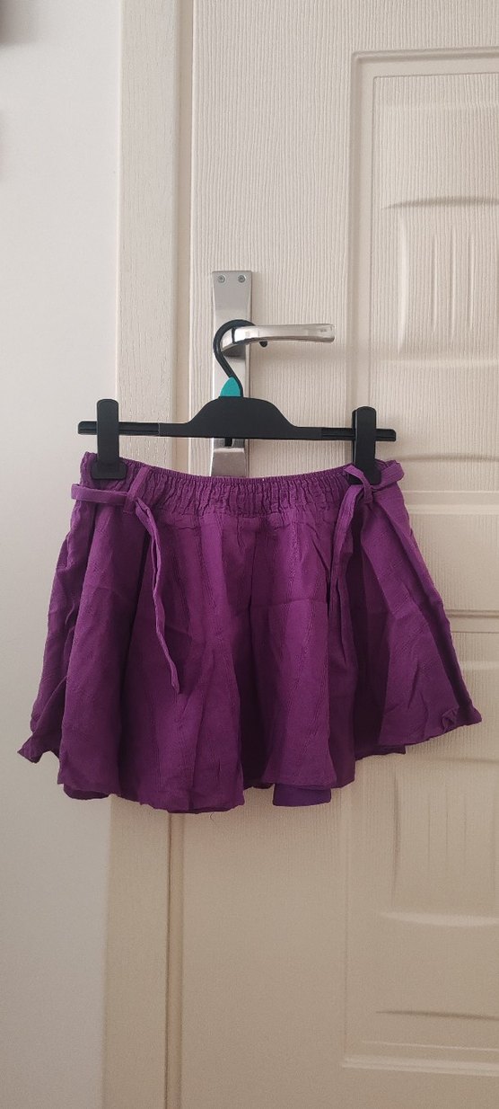 Mor Pliseli Keten Mini Etek - Görsel 2