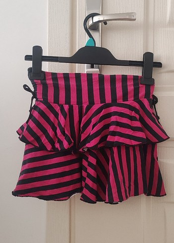 Pembe Siyah Çizgili Mini Fırfırlı Etek - Görsel 3