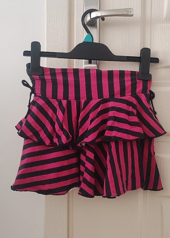 Pembe Siyah Çizgili Mini Fırfırlı Etek - Görsel 2