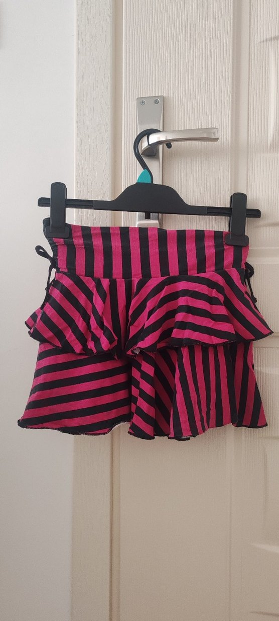 Pembe Siyah Çizgili Mini Fırfırlı Etek - Görsel 2