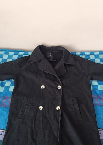 Kadın Siyah Uzun Denim Düğmeli trençkot - Görsel 2