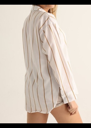 Bej Çizgili V Yaka Kadın Gömlek - Görsel 2